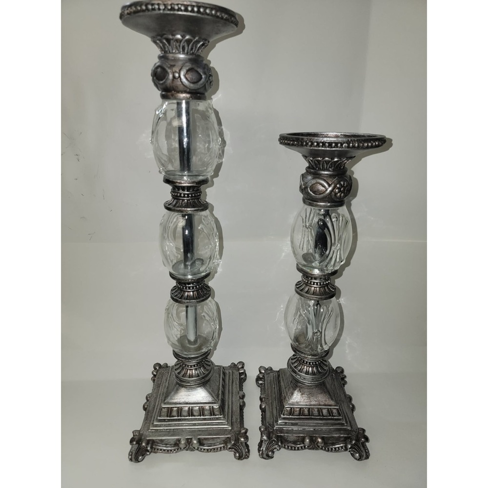 Giftcraft Inc Elegant Traditional Pillar Candle Holders Set 2 Silver Glass Large